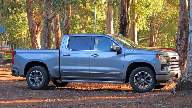 A gray 2025 Chevrolet Silverado High Country crew cab, seen from the passenger side, parked under trees.