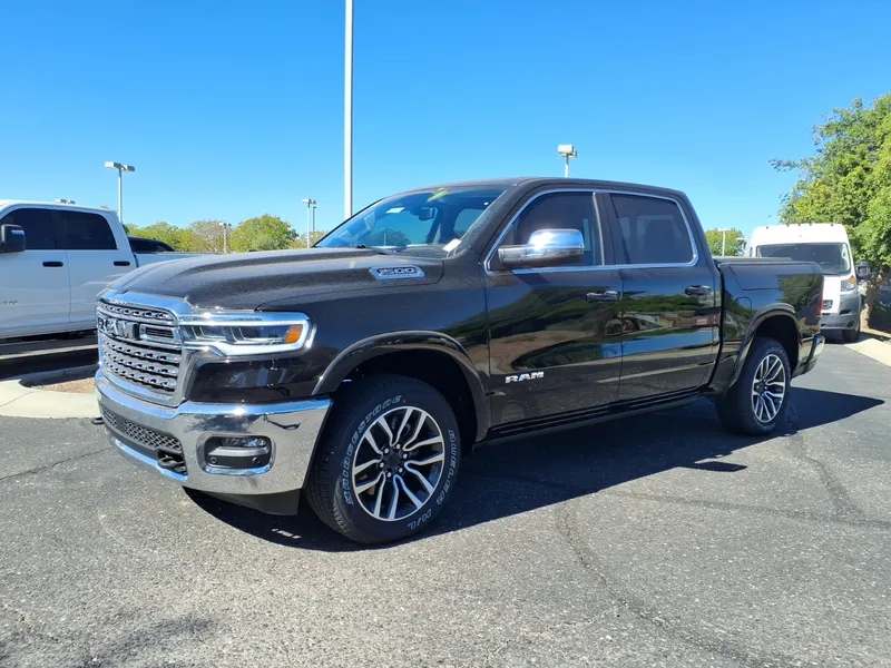 A dark brown 2026 Ram 1500 Limited Longhorn crew cab pickup with a chrome grille and chrome mirror caps, seen from the front left three-quarter angle, its driver's side facing the camera.