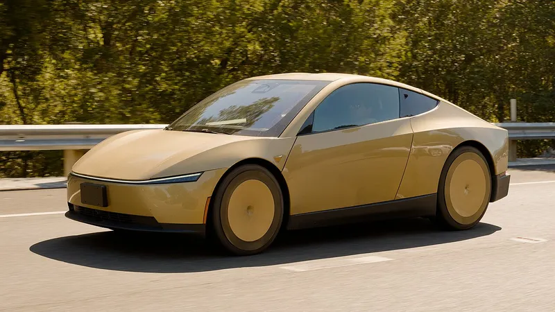 A gold Tesla Cybercab, a two-seat coupe with a long sloped hood and no visible door mirror, driving along Interstate 280 near Palo Alto, California, seen from the front left on September 19, 2026.